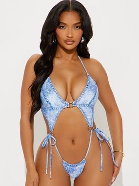 FN Denim Print Monokini Blue Acid Wash Cutout Tie Bikini Sexy Swimwear NWT
